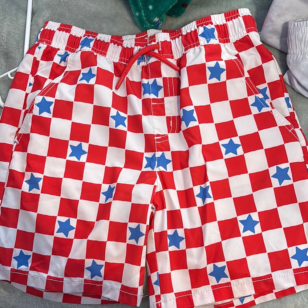 Red and White Checkered Shorts with Blue Stars